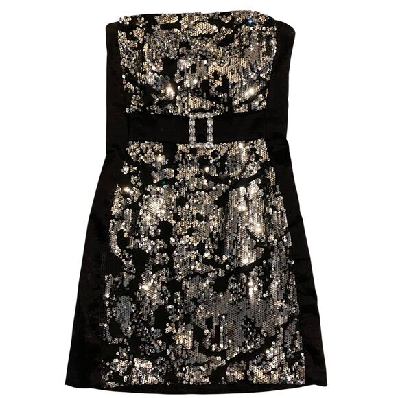Cache Sequin Strapless Mini Dress US 4 Black Silver Bodycon Cocktail Party Y2K - Picture 3 of 9